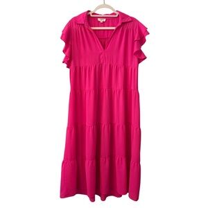 Umgee Hot Pink Tiered Ruffle Sleeve Midi Dress Women’s Medium